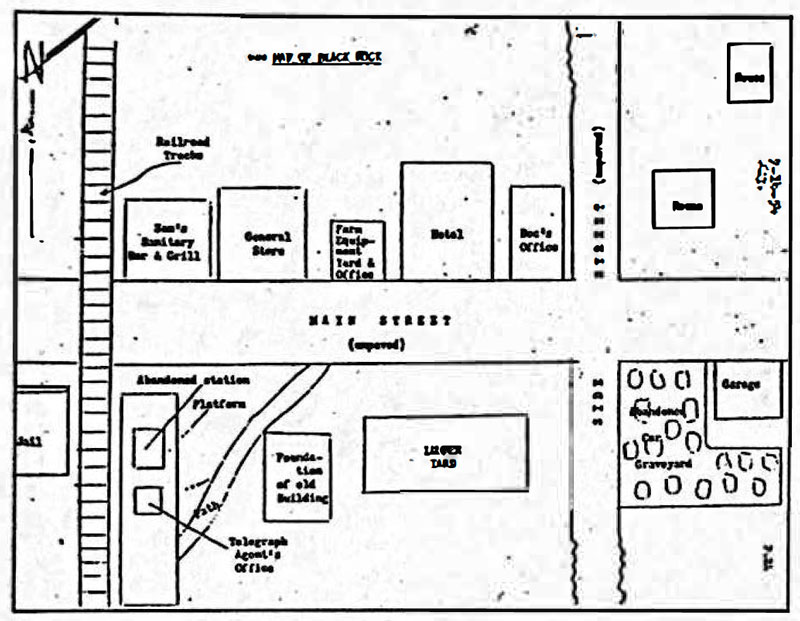 Kaufman&rsquo;s map of Black Rock from the shooting script.
